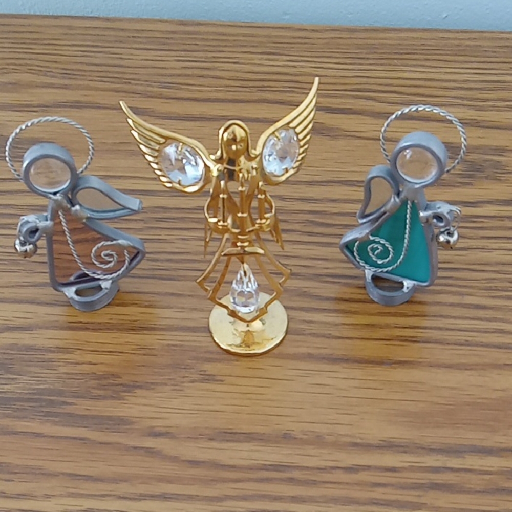 Angel Figurine Set Of 3 Stained Glass & Crystals Standable Metal